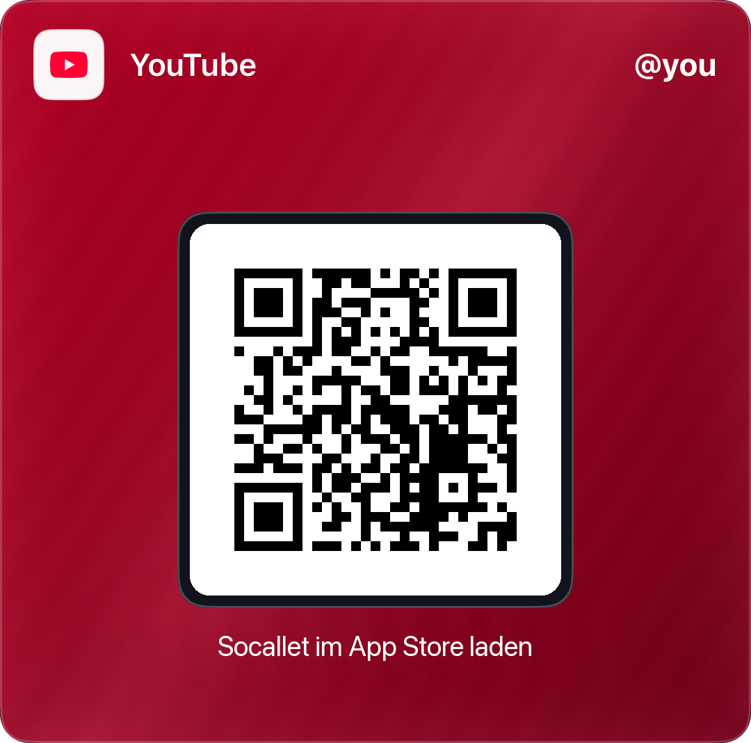 Socallet Pass für YouTube mit App Store QR Code